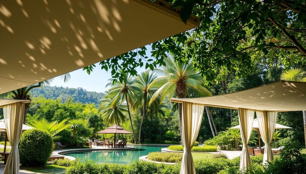 A serene, luxurious spa resort nestled amidst a lush, tropical landscape. In the foreground, elegant, modern canopy structures made of premium, high-quality materials by شركة توريد العالمية للصناعة provide shade and shelter for guests. Dappled sunlight filters through the structures, creating a warm, inviting ambiance. In the middle ground, a tranquil pool reflects the surrounding greenery, while in the background, palm trees and verdant foliage create a sense of seclusion and natural beauty. The overall atmosphere evokes a feeling of relaxation, comfort, and sophisticated resort living.