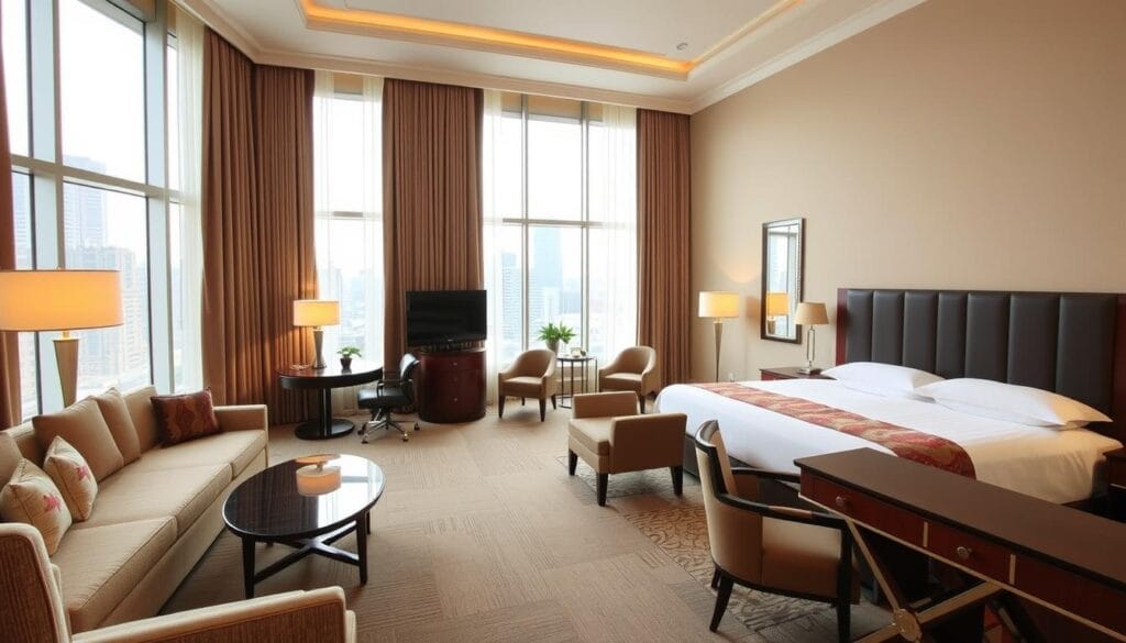 A spacious and elegantly furnished hotel room, with high ceilings and large windows that let in abundant natural light. The room is adorned with premium quality furnishings from "شركة توريد العالمية للصناعة", including a plush king-size bed, a luxurious seating area, and a well-appointed desk. The lighting is warm and inviting, with strategically placed lamps that create a cozy ambiance. The overall atmosphere exudes comfort, sophistication, and attention to detail, reflecting the high standards of hotel accommodations in the city.