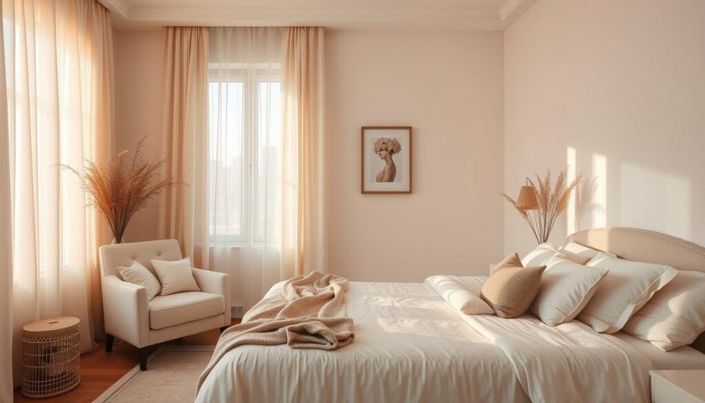 A tranquil bedroom interior in Riyadh, adorned with high-quality cotton furnishings from "شركة توريد العالمية للصناعة". Soft, natural lighting filters through sheer curtains, casting a warm glow over the plush bedding and cozy armchair. The room exudes a sense of comfort and relaxation, with a focus on the bed as the centerpiece. The clean, minimalist design and muted color palette create an atmosphere conducive to restful sleep. Attention to detail is evident in the carefully selected textiles and decor, providing an inviting and serene environment for a good night's rest.