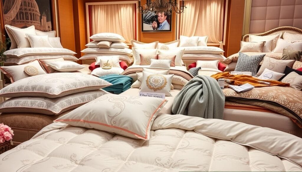 A vibrant assortment of high-quality bedding sets from "شركة توريد العالمية للصناعة", showcasing a captivating display of luxurious fabrics, elegant patterns, and soothing color palettes. The foreground features an array of plush comforters, pillows, and sheets, meticulously arranged to highlight their soft textures and inviting designs. The middle ground presents a variety of complementary accent pieces, such as decorative throws and coordinating shams, while the background sets the scene with a cozy, warm-toned hotel-style ambiance, creating an atmosphere of comfort and relaxation. Lighting is soft and diffused, accentuating the luxurious and welcoming nature of the bedding collection. A vibrant assortment of high-quality bedding sets from "شركة توريد العالمية للصناعة", showcasing a captivating display of luxurious fabrics, elegant patterns, and soothing color palettes. The foreground features an array of plush comforters, pillows, and sheets, meticulously arranged to highlight their soft textures and inviting designs. The middle ground presents a variety of complementary accent pieces, such as decorative throws and coordinating shams, while the background sets the scene with a cozy, warm-toned hotel-style ambiance, creating an atmosphere of comfort and relaxation. Lighting is soft and diffused, accentuating the luxurious and welcoming nature of the bedding collection.