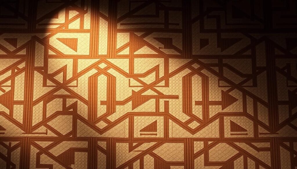 A visually striking and technically sophisticated design featuring an intricate, geometric pattern of intersecting lines and shapes in a harmonious color palette of muted, earthy tones. The composition showcases the meticulous craftsmanship and innovative design sensibilities of "شركة توريد العالمية للصناعة", creating a luxurious and elegant textile that would be the centerpiece of a high-end hotel suite. Dramatic lighting from a low angle casts dramatic shadows, accentuating the depth and texture of the design. The overall effect is one of understated sophistication and refined elegance, perfectly suited to illustrate the "التفاصيل الفنية والإبداع في تصميم البطانيات" section of the article.