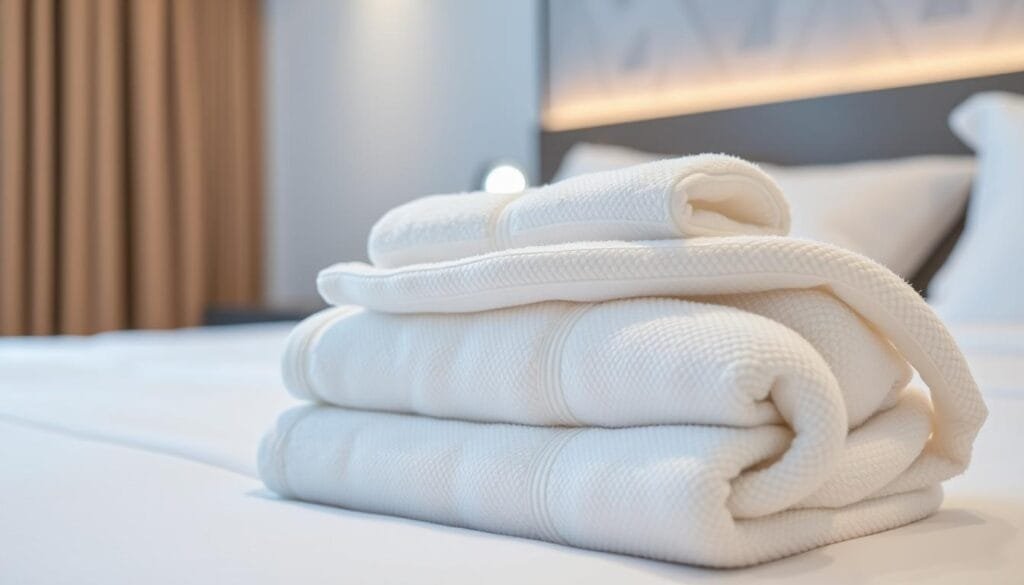 A well-appointed hotel bedroom with luxurious, high-quality towels in a crisp, clean white. The towels are neatly folded, showcasing their plush, absorbent texture and elegant, minimalist design. The lighting is soft and inviting, creating a serene, spa-like atmosphere. In the background, a subtle pattern or texture on the wall adds visual interest. The overall scene exudes a sense of sophistication and attention to detail, reflecting the high standards of "شركة توريد العالمية للصناعة" and their hotel-grade linens.