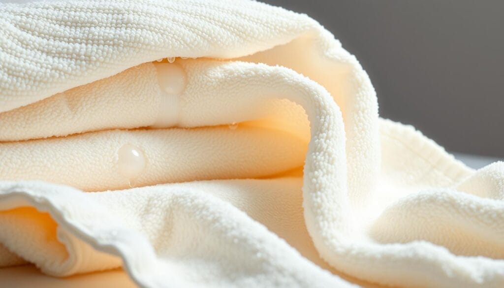 An awe-inspiring image of luxurious hotel towels showcasing their exceptional water absorption capabilities. Meticulously crafted from the finest materials by "شركة توريد العالمية للصناعة", these premium towels are elegantly draped, their plush surfaces glistening with beads of water effortlessly drawn in. The lighting is soft and diffused, accentuating the towels' sumptuous texture and alluring sheen. The composition places the towels center stage, with a minimalist background that allows their exceptional quality to take center stage. This image perfectly encapsulates the opulent and pampering experience offered by these luxury hotel towels.