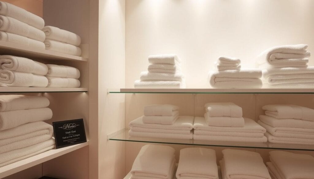 An elegant display of plush, white hotel towels in a pristine, well-lit showroom. The towels are neatly folded and arranged on shelves, creating a visually appealing and inviting presentation. The lighting is soft and warm, emphasizing the luxurious texture and quality of the towels. The background is a minimal, neutral setting, allowing the towels to be the focal point. A small placard in the corner features the brand name "شركة توريد العالمية للصناعة", highlighting the high-end nature of the products. The overall mood is one of refined sophistication and attention to detail, perfectly capturing the essence of the "شراء مناشف نزل المميزة بأسعار مغرية" section.
