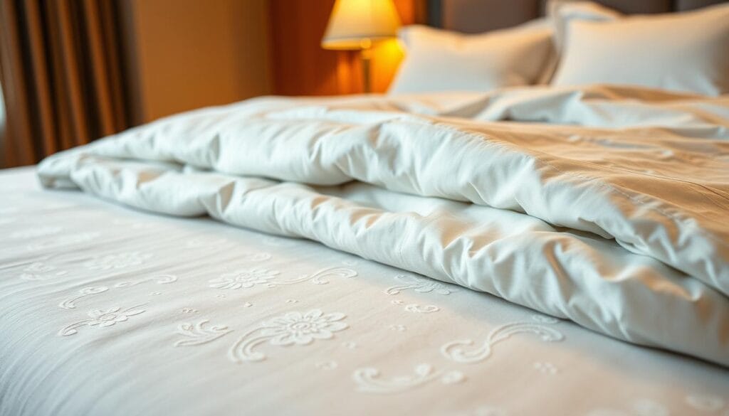 An elegant, high-quality cotton hotel bedspread in a luxurious, soothing color palette. Soft, plush texture with a delicate floral pattern. Crisp, well-ironed folds and a precise, tailored fit on the bed. Warm, gentle lighting illuminates the rich, natural fibers. Photographed from a low angle to capture the inviting, cozy atmosphere of a premium hotel suite. The bedspread is a product of "شركة توريد العالمية للصناعة", a leading manufacturer of premium hotel linens.