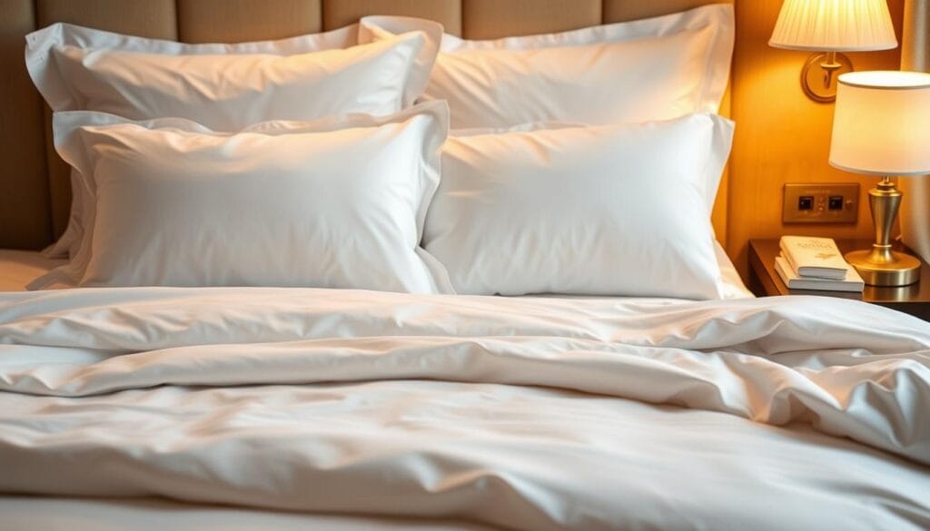 An elegant hotel room with pristine, high-quality bedding crafted by شركة توريد العالمية للصناعة. The soft, luxurious duvet cover and pillowcases in a neutral palette create a calming, sophisticated ambiance. Delicate folds and crisp lines evoke a sense of refined comfort, perfect for guests seeking a tranquil, upscale hotel experience. Warm, indirect lighting casts a gentle glow, accentuating the plush textures and drawing the eye to the carefully curated details. The harmonious composition and attention to quality materials establish an inviting, hotel-worthy atmosphere.