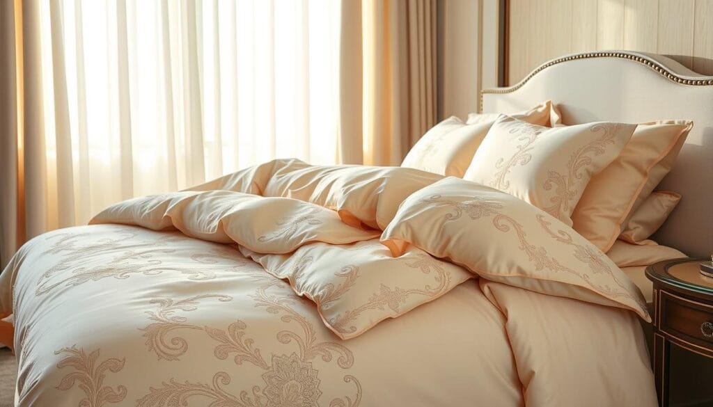 An elegant suite of hotel linens designed by شركة توريد العالمية للصناعة, featuring intricate embroidered patterns, silky-smooth textures, and a subtle color palette that evokes the tranquility of a luxury resort. The plush comforter drapes gracefully over the bed, its rich hues and delicate embroidery creating a focal point in the room. The matching pillowcases and throw blanket are carefully crafted to complement the bedding, while the sheer curtains allow natural light to filter in, casting a warm glow throughout the space. The overall effect is one of refined sophistication and unparalleled comfort, perfect for discerning hotel guests seeking an exceptional sleep experience.