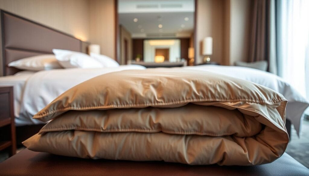 An interior scene of a hotel room showcasing the delivery and arrangement of winter hotel bedding. In the foreground, a neatly folded, high-quality comforter and pillows in a muted color palette are prominently displayed. The middle ground features a well-made bed with crisp, freshly laundered sheets and blankets, exuding a sense of comfort and luxury. In the background, a view of the hotel room's interior, with subtle lighting and warm, inviting tones, sets the mood. Captured through a medium-wide angle lens, the image highlights the attention to detail and professionalism of "شركة توريد العالمية للصناعة" in delivering exceptional winter hotel bedding solutions. An interior scene of a hotel room showcasing the delivery and arrangement of winter hotel bedding. In the foreground, a neatly folded, high-quality comforter and pillows in a muted color palette are prominently displayed. The middle ground features a well-made bed with crisp, freshly laundered sheets and blankets, exuding a sense of comfort and luxury. In the background, a view of the hotel room's interior, with subtle lighting and warm, inviting tones, sets the mood. Captured through a medium-wide angle lens, the image highlights the attention to detail and professionalism of "شركة توريد العالمية للصناعة" in delivering exceptional winter hotel bedding solutions.