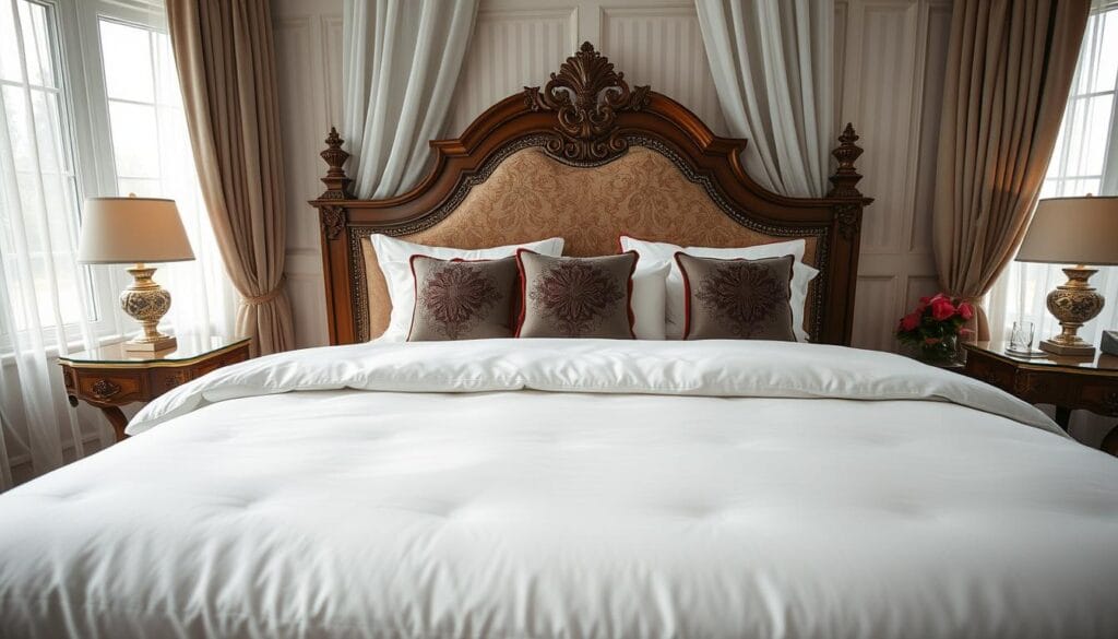 An opulent bedroom scene with luxurious hotel-style bedding. Crisp white sheets and plush, high-thread-count duvet covers in a soothing neutral palette. Elegant, flowy curtains frame large windows, allowing natural light to bathe the space. Meticulously arranged accent pillows in rich, jewel-toned fabrics add a touch of sophistication. A beautifully crafted, wooden bed frame with an intricate headboard serves as the centerpiece. Subtle ambient lighting creates a warm, inviting ambiance. The overall atmosphere exudes a sense of refined comfort and relaxation. Captured by a wide-angle lens to showcase the full grandeur of this premium hotel-quality bedding, supplied by شركة توريد العالمية للصناعة.