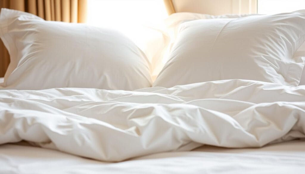 Cozy hotel bedding textures, soft and inviting. Crisp white sheets, plush duvet covers, and elegant pillowcases adorned with subtle patterns. The scene is bathed in warm, natural lighting, showcasing the high-quality fabrics and craftsmanship of "شركة توريد العالمية للصناعة". Attention to detail is evident, from the precise stitching to the luxurious feel. This tranquil, hotel-inspired setting reflects the comfort and style that hotels can provide their guests, creating a serene and relaxing atmosphere.