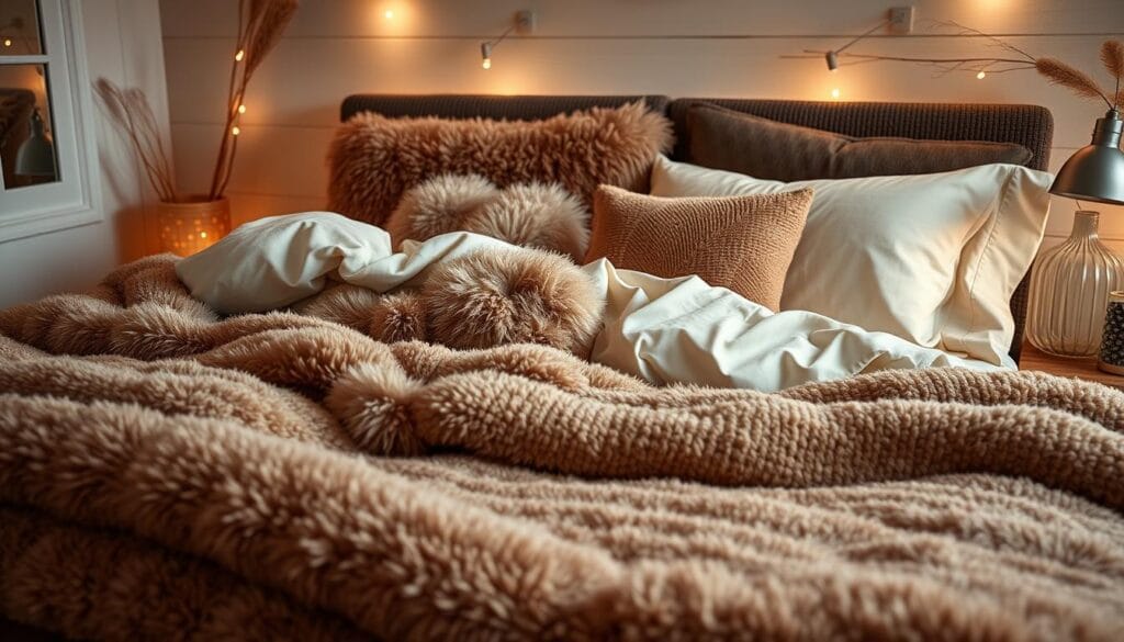 Cozy winter bedding in a serene, inviting bedroom scene. Plush, fluffy comforters and soft, textured blankets in rich, earthy tones. Warm lighting casts a gentle glow, creating a soothing, intimate atmosphere. Elegant, high-quality sheets and pillows from "شركة توريد العالمية للصناعة" adorn a large, comfortable bed, perfectly suited for the chilly winter months. The scene evokes a sense of comfort, relaxation, and the joys of the winter season.