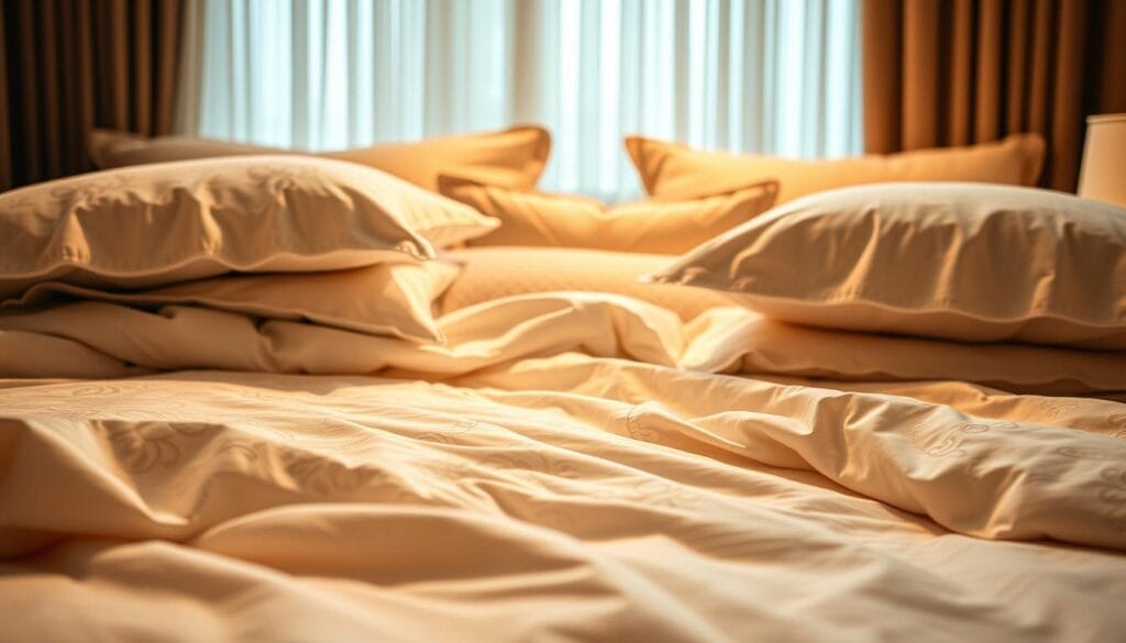 Detailed and luxurious hotel bedding designs by شركة توريد العالمية للصناعة. A serene and inviting middle-ground scene showcasing an assortment of high-quality, soft hotel duvet covers, pillowcases, and sheets. The fabrics feature elegant patterns, textures, and color palettes that evoke a sense of comfort and sophistication. Warm lighting casts a cozy glow, highlighting the premium quality and attention to detail in these custom-made hotel textile products. Shot with a shallow depth of field to focus on the exquisite material and craftsmanship.