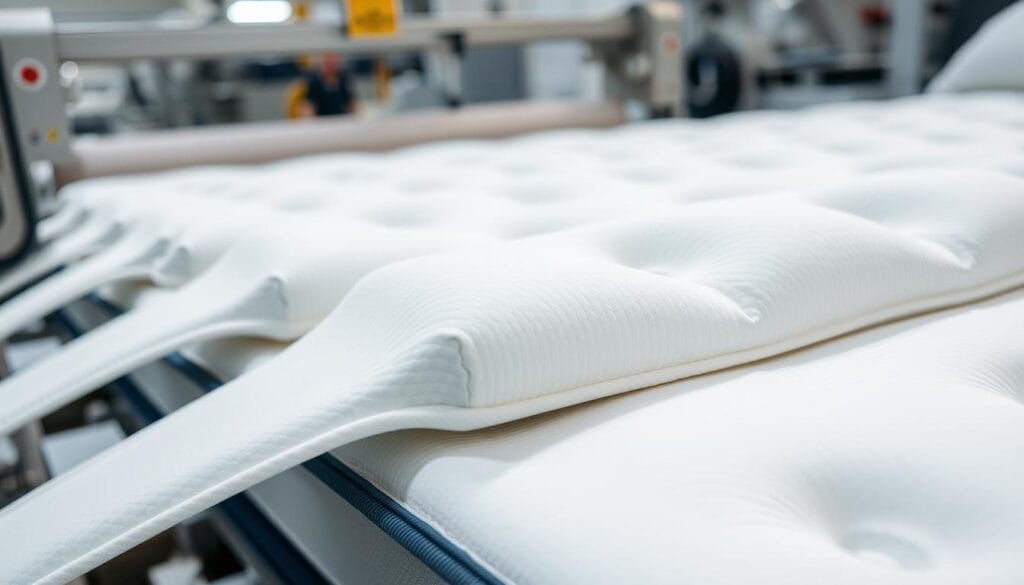 Detailed close-up of the manufacturing techniques used to create high-quality hotel mattresses. Showcase the advanced machinery, precision engineering, and specialized materials employed by "شركة توريد العالمية للصناعة" to craft plush, durable, and ergonomic mattresses tailored for luxurious resorts. Capture the intricate layers of foam, springs, and fabric, illuminated by soft, diffused lighting that highlights the craftsmanship. Convey a sense of technological sophistication and attention to detail that ensures maximum comfort and longevity for hotel guests.