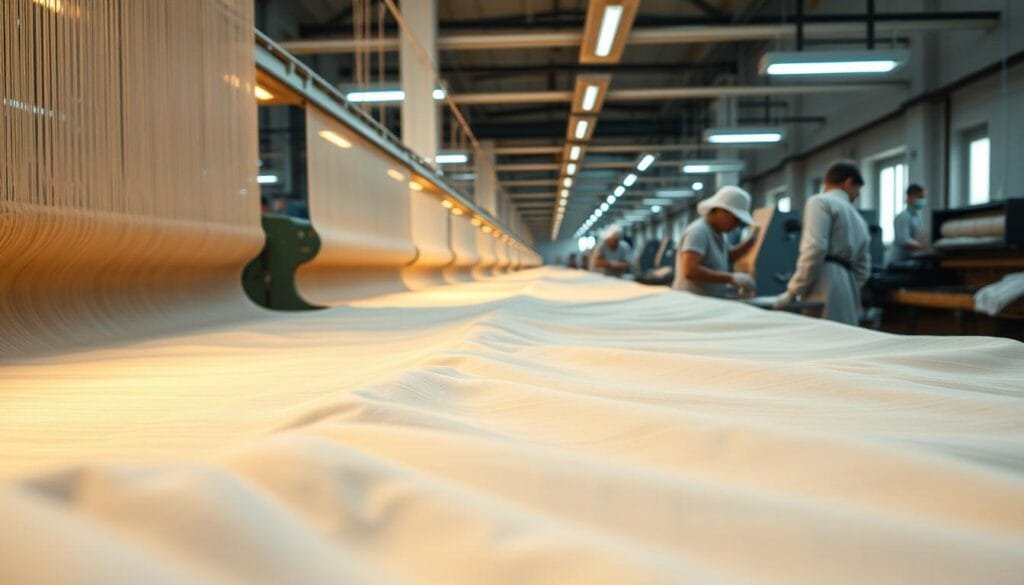 Detailed close-up shot of the manufacturing process of luxury resort bed sheets by شركة توريد العالمية للصناعة. Showcasing the intricate weaving techniques, high-quality materials, and expert craftsmanship that go into creating these durable, comfortable, and visually-appealing linens. Emphasis on the delicate textures, subtle patterns, and rich hues that define the brand's premium quality. Warm, soft lighting illuminates the various stages of production, from spinning the threads to stitching the final products. Clean, organized workshop setting with workers meticulously handling the fabrics. Convey a sense of precision, attention to detail, and pride in the manufacturing process. Detailed close-up shot of the manufacturing process of luxury resort bed sheets by شركة توريد العالمية للصناعة. Showcasing the intricate weaving techniques, high-quality materials, and expert craftsmanship that go into creating these durable, comfortable, and visually-appealing linens. Emphasis on the delicate textures, subtle patterns, and rich hues that define the brand's premium quality. Warm, soft lighting illuminates the various stages of production, from spinning the threads to stitching the final products. Clean, organized workshop setting with workers meticulously handling the fabrics. Convey a sense of precision, attention to detail, and pride in the manufacturing process.