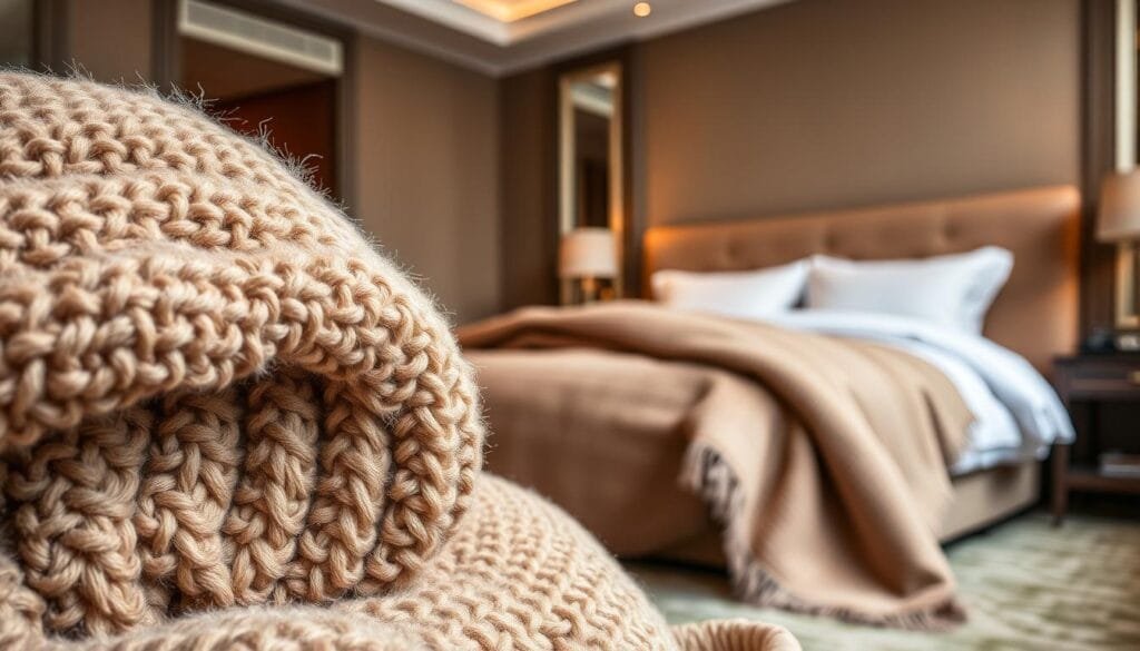 Detailed design of luxurious hotel blankets for "شركة توريد العالمية للصناعة". A plush, textured foreground with a close-up view of the intricate weave pattern and high-quality materials. In the middle ground, a soft, flowing blanket draped elegantly over a hotel bed, showcasing the luxurious texture and color palette. The background is a warm, inviting hotel room interior with subtle lighting and neutral tones to complement the bedding. The overall mood is one of comfort, elegance, and attention to detail, reflecting the high-end hotel experience. Detailed design of luxurious hotel blankets for "شركة توريد العالمية للصناعة". A plush, textured foreground with a close-up view of the intricate weave pattern and high-quality materials. In the middle ground, a soft, flowing blanket draped elegantly over a hotel bed, showcasing the luxurious texture and color palette. The background is a warm, inviting hotel room interior with subtle lighting and neutral tones to complement the bedding. The overall mood is one of comfort, elegance, and attention to detail, reflecting the high-end hotel experience.