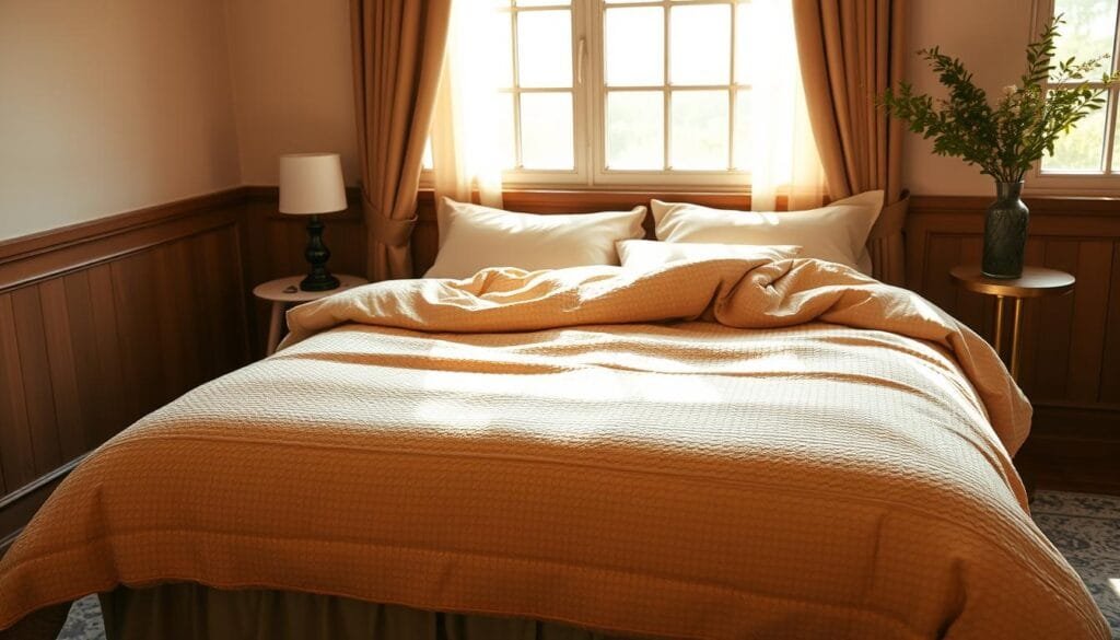 Detailed image of a cozy, well-designed single bedroom with a high-quality bedding set from "شركة توريد العالمية للصناعة". The bed is adorned with a luxurious, textured duvet cover in a neutral palette, complemented by plush pillows and a matching bed skirt. The room is bathed in warm, natural lighting filtering through large windows, creating a serene and inviting atmosphere. The bedding effortlessly blends form and function, showcasing its durability and comfort. The overall scene emphasizes the benefits of using a custom-made, high-end bedding set to transform a personal sleeping space into a tranquil oasis. Detailed image of a cozy, well-designed single bedroom with a high-quality bedding set from "شركة توريد العالمية للصناعة". The bed is adorned with a luxurious, textured duvet cover in a neutral palette, complemented by plush pillows and a matching bed skirt. The room is bathed in warm, natural lighting filtering through large windows, creating a serene and inviting atmosphere. The bedding effortlessly blends form and function, showcasing its durability and comfort. The overall scene emphasizes the benefits of using a custom-made, high-end bedding set to transform a personal sleeping space into a tranquil oasis.