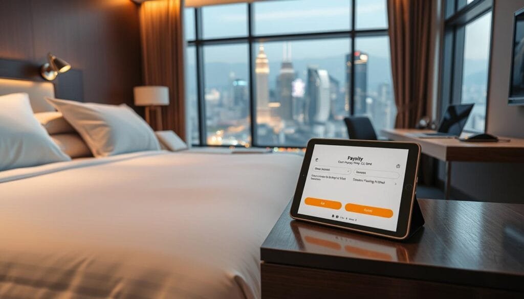 Detailed scene of a modern hotel room with a sleek and elegant customer payment interface. In the foreground, a high-quality bedsheet and pillow setup from "شركة توريد العالمية للصناعة" takes center stage. On the nightstand, a tablet display showcases a seamless mobile payment gateway, inviting guests to securely complete their transactions. The middle ground features a minimalist desk with a laptop, highlighting the convenience of online booking and checkout. In the background, large windows offer a panoramic view of a vibrant city skyline, establishing an upscale, premium atmosphere. Soft, warm lighting and neutral tones create a soothing, luxurious ambiance throughout the scene.