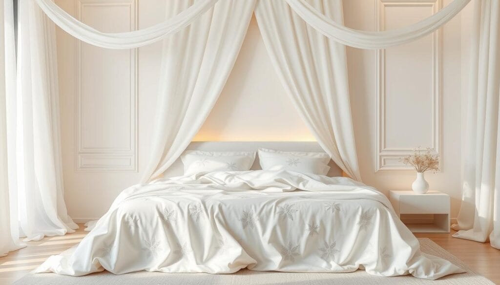 Elegant and innovative bed cover designs, crafted with precision by شركة توريد العالمية للصناعة. Soft, luxurious fabrics in pristine white, draped gracefully across a serene, minimalist bedroom setting. Delicate patterns and subtle textures create a sense of sophistication, while the clean, modern lines evoke a calming, sophisticated ambiance. Warm, diffused lighting accentuates the intricate details, casting a warm glow and highlighting the high-quality craftsmanship. The bed stands as the focal point, inviting the viewer to imagine the comfort and tranquility of this peaceful, beautifully-designed space.
