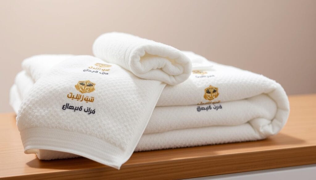 Elegant and luxurious double room towels in a modern, minimalist design. Featuring the logo of "شركة توريد العالمية للصناعة", high-quality cotton material, soft and absorbent texture, hanging loops for easy display. The towels are arranged neatly on a wooden surface, with a clean, bright lighting highlighting their pristine white color and intricate details. The background is a neutral, soothing tone, creating a serene and inviting atmosphere, suitable for a high-end hotel or spa setting. Elegant and luxurious double room towels in a modern, minimalist design. Featuring the logo of "شركة توريد العالمية للصناعة", high-quality cotton material, soft and absorbent texture, hanging loops for easy display. The towels are arranged neatly on a wooden surface, with a clean, bright lighting highlighting their pristine white color and intricate details. The background is a neutral, soothing tone, creating a serene and inviting atmosphere, suitable for a high-end hotel or spa setting.