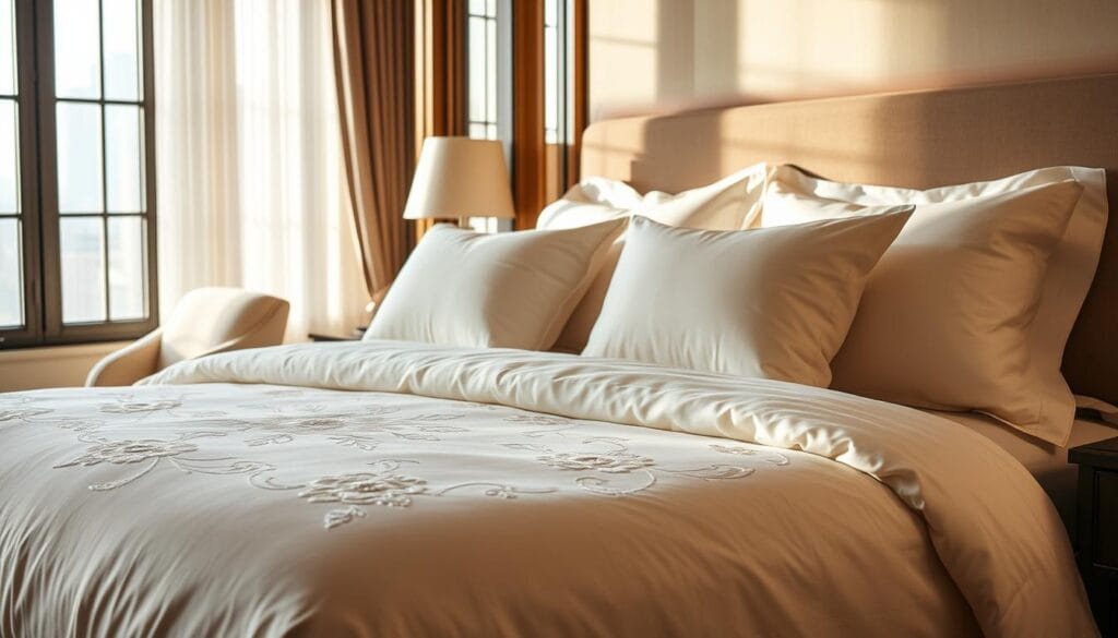 Elegant and luxurious hotel bedding: a sumptuous king-size bed adorned with soft, high-quality ivory linens and plush pillows. Intricate floral embroidery on the duvet cover and matching pillowcases, creating a sophisticated and inviting ambiance. Warm, natural lighting from floor-to-ceiling windows casts a gentle glow, highlighting the rich textures of the premium materials. The bedding is designed by "شركة توريد العالمية للصناعة", known for their exceptional craftsmanship and commitment to elevating the guest experience. Elegant and luxurious hotel bedding: a sumptuous king-size bed adorned with soft, high-quality ivory linens and plush pillows. Intricate floral embroidery on the duvet cover and matching pillowcases, creating a sophisticated and inviting ambiance. Warm, natural lighting from floor-to-ceiling windows casts a gentle glow, highlighting the rich textures of the premium materials. The bedding is designed by "شركة توريد العالمية للصناعة", known for their exceptional craftsmanship and commitment to elevating the guest experience.
