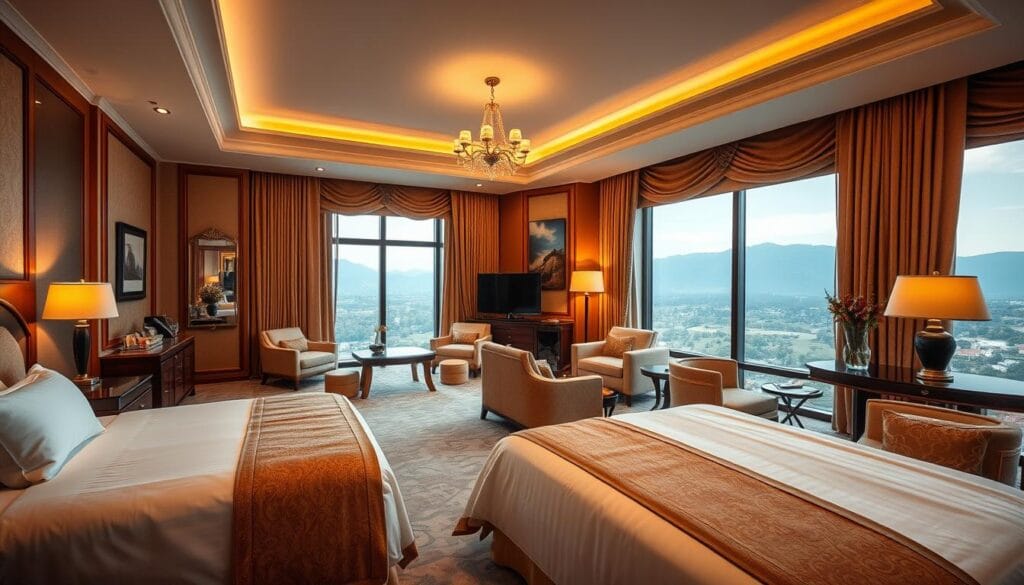 Elegant and luxurious hotel room interior, showcasing the finest craftsmanship from "شركة توريد العالمية للصناعة". A spacious layout with plush bedding, high-end furniture, and tasteful decor that creates a serene and inviting atmosphere. Warm lighting illuminates the room, casting a cozy glow. Large windows allow natural light to flow in, offering a picturesque view of the surrounding landscape. The overall design exudes an air of sophistication and attention to detail, perfectly capturing the essence of a premier hotel experience.