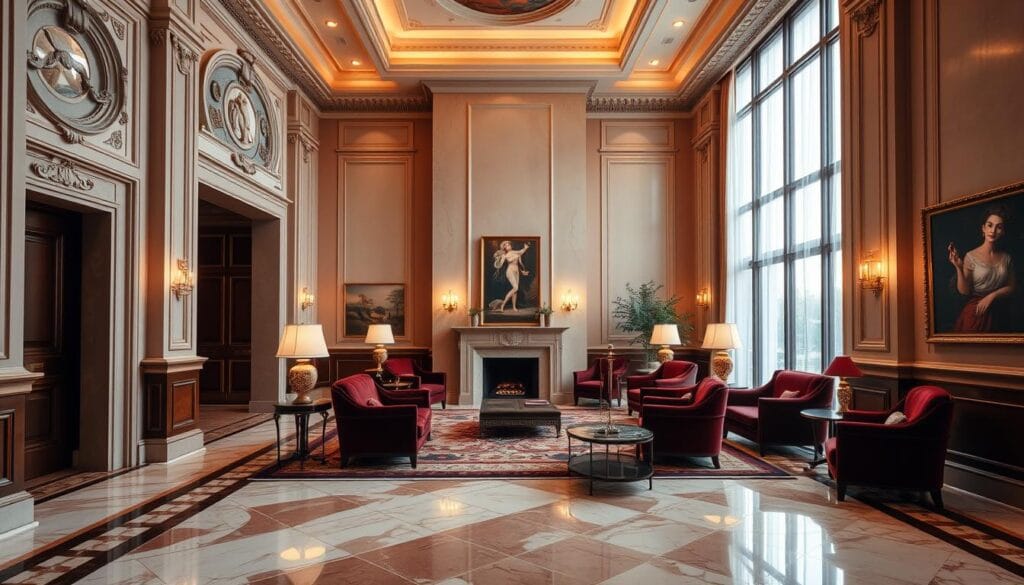 Elegant and luxurious interior design featuring warm lighting, sophisticated color palette, and exquisite furnishings. A grand entryway with ornate marble flooring and intricate moldings sets the tone. Plush velvet sofas and armchairs in rich jewel tones are arranged around a central fireplace. Tall windows allow natural light to flood the space, complemented by strategically placed lamps that cast a soft, ambient glow. Glossy wood accents and carefully curated artwork adorn the walls, creating a harmonious and visually stunning environment. The overall ambiance evokes a sense of exclusivity and refined taste, befitting the prestigious "شركة توريد العالمية للصناعة" brand.