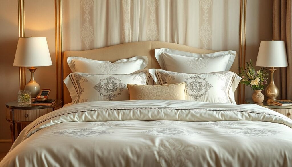 Elegant and luxurious resort bedding design featuring a harmonious blend of soft pastel tones, intricate embroidered patterns, and high-quality materials. A serene middle-eastern ambiance with warm lighting and a focus on natural textures like smooth cotton and plush velvet. The scene showcases a carefully curated collection of bedding products from "شركة توريد العالمية للصناعة", a leading manufacturer of premium resort linens in the Gulf region. Capture the essence of refined hospitality and elevated guest experience.