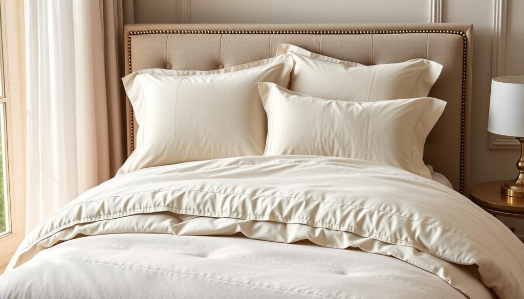 Elegant high-quality bedding set, featuring premium cotton sheets and a plush duvet cover in a sophisticated neutral color palette. Luxurious textures and intricate stitching create a timeless, hotel-inspired look. Soft, breathable fabrics provide exceptional comfort. Perfectly suited for a peaceful, restful sleep experience. Professionally photographed in a bright, airy bedroom setting with warm, natural lighting. Showcasing the exceptional craftsmanship of "شركة توريد العالمية للصناعة".