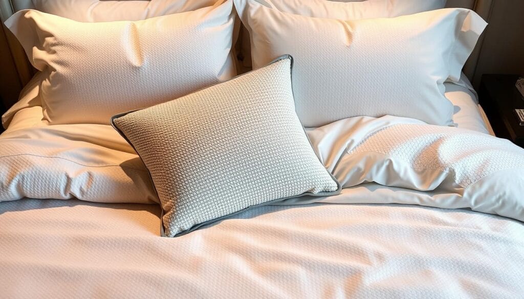 Elegant hotel bedding design, featuring premium high-quality linens from "شركة توريد العالمية للصناعة". Luxurious textured duvet cover in a soft, neutral palette, complemented by a patterned accent pillow. Crisp white sheets and plush pillows create a serene, inviting atmosphere. Lighting casts a warm, cozy glow, highlighting the rich, velvety textures. The composition showcases the refined craftsmanship and attention to detail in the hotel's hospitality offerings.