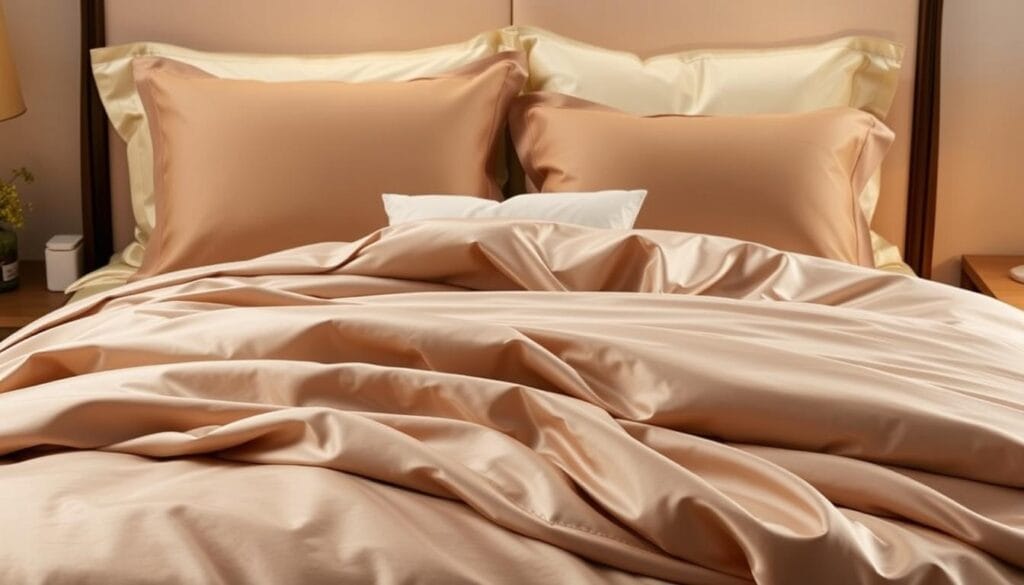 Elegant hotel bedding design with premium satin sheets, plush comforter, and decorative pillows in a sophisticated color palette. Soft, diffused lighting creates a warm, inviting ambiance. The design showcases the high-quality craftsmanship and attention to detail by شركة توريد العالمية للصناعة, a leading supplier of luxury hotel textiles. Smooth, flowing fabrics and precise stitching evoke a sense of modern elegance and comfort, elevating the hotel guest experience.