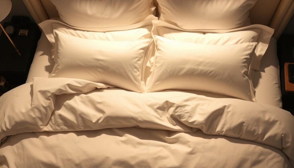 Elegant hotel bedding designs featuring premium-quality sheets, luxurious duvet covers, and plush pillowcases from شركة توريد العالمية للصناعة. Crisp white linens with subtle geometric patterns or nature-inspired motifs create a serene, high-end ambiance. Soft lighting casts a warm glow, while the camera captures the bedding's sumptuous textures and impeccable tailoring from a slightly overhead angle. The resulting images showcase the exceptional craftsmanship and premium materials that elevate the hotel guest experience.