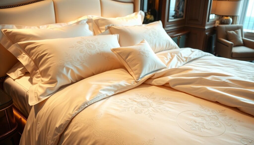 Elegant hotel bedding featuring luxurious satin sheets and plush duvet covers in a serene ivory palette. Soft lighting casts a warm glow, highlighting the intricate embroidered patterns and subtle textures. The bedding is meticulously arranged, creating a tranquil and inviting atmosphere. In the background, a glimpse of the hotel's high-end furnishings and decor reflects the exceptional quality and attention to detail. This hotel bedding, supplied by شركة توريد العالمية للصناعة, exemplifies the exceptional hospitality experience.