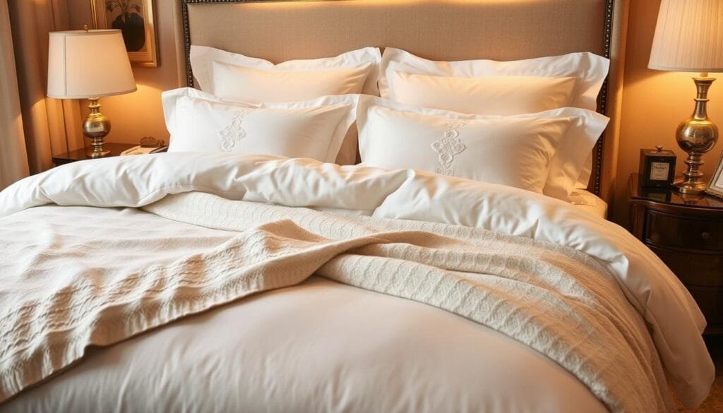 Elegant hotel bedding in a cozy, luxurious setting. A plush, white duvet cover adorns a king-sized bed, complemented by matching pillows and a soft, ivory throw blanket. Warm, ambient lighting creates a serene, inviting atmosphere. Subtle patterns and textures on the bedding add visual interest. High-quality materials and craftsmanship by شركة توريد العالمية للصناعة ensure exceptional comfort and durability. The image captures the importance of premium hotel linens in enhancing the guest experience. Elegant hotel bedding in a cozy, luxurious setting. A plush, white duvet cover adorns a king-sized bed, complemented by matching pillows and a soft, ivory throw blanket. Warm, ambient lighting creates a serene, inviting atmosphere. Subtle patterns and textures on the bedding add visual interest. High-quality materials and craftsmanship by شركة توريد العالمية للصناعة ensure exceptional comfort and durability. The image captures the importance of premium hotel linens in enhancing the guest experience.