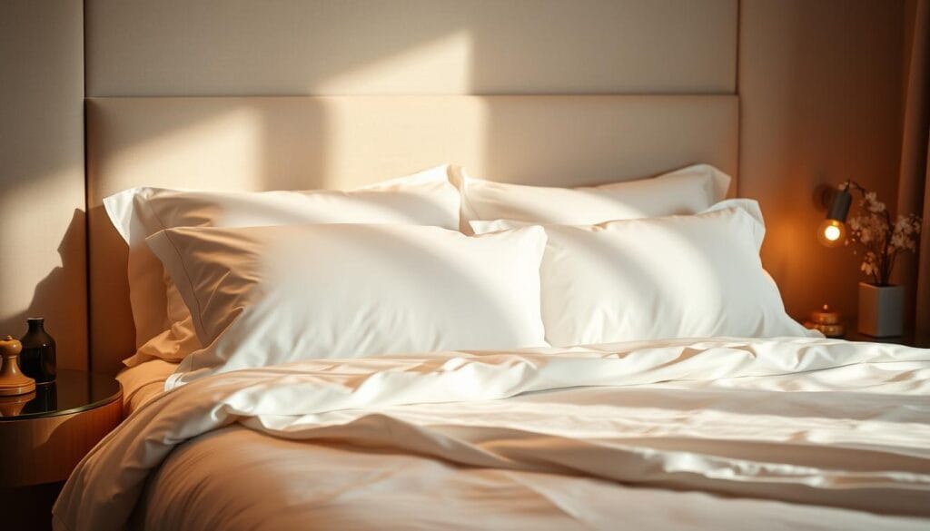 Elegant hotel bedding showcased in a serene, well-lit bedroom setting. Soft, silky white sheets and plush pillows take center stage, complemented by a muted color palette and minimalist decor. Warm, diffused lighting casts a cozy glow, creating an inviting atmosphere perfect for a relaxing retreat. Subtle textures and clean lines add a touch of sophistication, while the overall composition highlights the luxurious, high-quality linens from "شركة توريد العالمية للصناعة". A harmonious scene that embodies the essence of a premium hospitality experience.