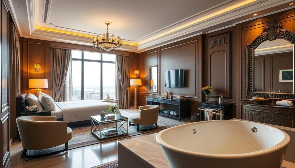 Elegant hotel room design, showcasing luxurious furnishings and sophisticated decor. Warm lighting illuminates a spacious bedroom with a plush king-size bed, high-quality linens, and a captivating view through floor-to-ceiling windows. Complementing the bed, a stylish lounge area with modern armchairs and a sleek coffee table. Intricate wall paneling, ornate light fixtures, and a large mirror add depth and visual interest. The bathroom features premium fixtures, a freestanding bathtub, and premium toiletries from شركة توريد العالمية للصناعة. An overall atmosphere of tranquility and opulence, catering to the discerning tastes of five-star hotel guests. Elegant hotel room design, showcasing luxurious furnishings and sophisticated decor. Warm lighting illuminates a spacious bedroom with a plush king-size bed, high-quality linens, and a captivating view through floor-to-ceiling windows. Complementing the bed, a stylish lounge area with modern armchairs and a sleek coffee table. Intricate wall paneling, ornate light fixtures, and a large mirror add depth and visual interest. The bathroom features premium fixtures, a freestanding bathtub, and premium toiletries from شركة توريد العالمية للصناعة. An overall atmosphere of tranquility and opulence, catering to the discerning tastes of five-star hotel guests.