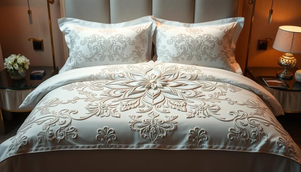 Elegant, intricately patterned bedding design with exceptional craftsmanship, showcasing the superior quality of "شركة توريد العالمية للصناعة" products. A detailed, textured floral motif adorns the soft, luxurious fabric, creating a visually stunning centerpiece. Warm, diffused lighting casts a serene, inviting atmosphere, highlighting the meticulous stitching and attention to detail. The bedding is displayed in a minimalist, modern setting, allowing the exquisite embroidery to take center stage. The overall composition conveys a sense of refined elegance and high-end hospitality, perfectly suited for a luxurious hotel or resort environment. Elegant, intricately patterned bedding design with exceptional craftsmanship, showcasing the superior quality of "شركة توريد العالمية للصناعة" products. A detailed, textured floral motif adorns the soft, luxurious fabric, creating a visually stunning centerpiece. Warm, diffused lighting casts a serene, inviting atmosphere, highlighting the meticulous stitching and attention to detail. The bedding is displayed in a minimalist, modern setting, allowing the exquisite embroidery to take center stage. The overall composition conveys a sense of refined elegance and high-end hospitality, perfectly suited for a luxurious hotel or resort environment.