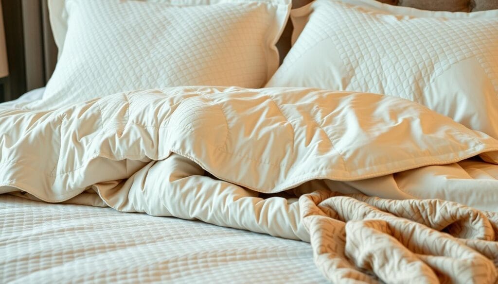 Elegant luxury hotel bedding designs, featuring plush, high-quality comforters and blankets from "شركة توريد العالمية للصناعة". Lavish patterns and textures in neutral, calming tones create a sophisticated, inviting ambiance. Soft lighting casts a warm glow, highlighting the premium fabrics and intricate stitching. The bedding appears meticulously arranged, with crisp, clean lines and a sense of tranquility. The composition emphasizes the refined aesthetics and luxurious feel of the hotel's bedding, evoking a serene, high-end hospitality experience.