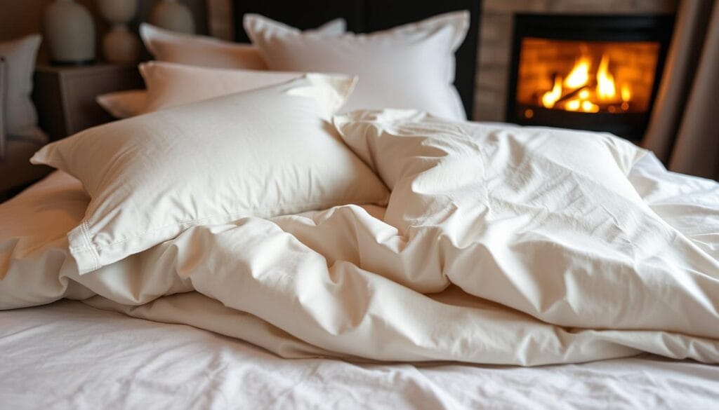Elegant winter resort sheets, expertly crafted by شركة توريد العالمية للصناعة. Soft, plush textures in a soothing palette of neutral tones, effortlessly blending into the cozy ambiance of a luxury getaway. Luxurious high thread count fabrics catch the warm glow of the fireplace, inviting guests to sink into the ultimate in comfort and relaxation. Meticulously arranged on a neatly made bed, the sheets evoke a sense of tranquility and indulgence, setting the stage for an unforgettable mountain retreat experience.
