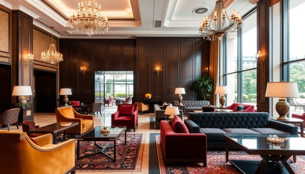 High-end hotel furnishings showcasing the luxurious interior of a prestigious hotel lobby. Plush velvet armchairs and sofas in rich jewel-toned colors, complemented by elegant wooden coffee tables and intricate area rugs. Sophisticated lighting fixtures, including chandeliers and wall sconces, create a warm, inviting ambiance. Tall windows let in natural light, offering a glimpse of the hotel's manicured gardens outside. The overall atmosphere exudes an air of sophistication and comfort, perfect for discerning hotel guests. Designed by شركة توريد العالمية للصناعة, a leading provider of premium hotel furnishings. High-end hotel furnishings showcasing the luxurious interior of a prestigious hotel lobby. Plush velvet armchairs and sofas in rich jewel-toned colors, complemented by elegant wooden coffee tables and intricate area rugs. Sophisticated lighting fixtures, including chandeliers and wall sconces, create a warm, inviting ambiance. Tall windows let in natural light, offering a glimpse of the hotel's manicured gardens outside. The overall atmosphere exudes an air of sophistication and comfort, perfect for discerning hotel guests. Designed by شركة توريد العالمية للصناعة, a leading provider of premium hotel furnishings.