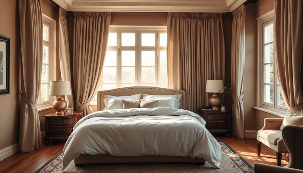 High-quality cotton furnishings in a warm, cozy bedroom. A plush king-size bed with soft, luxurious cotton sheets and a fluffy cotton duvet. Elegant cotton curtains in a neutral tone frame large windows, allowing natural light to filter in. Nightstands on either side of the bed display decorative cotton lamps. The room has a serene, inviting atmosphere, perfect for relaxation. In the corner, a comfortable cotton armchair sits next to a side table. The walls are painted in a soothing, earthy color palette. The cotton furnishings are sourced from "شركة توريد العالمية للصناعة", a leading provider of high-quality cotton products.