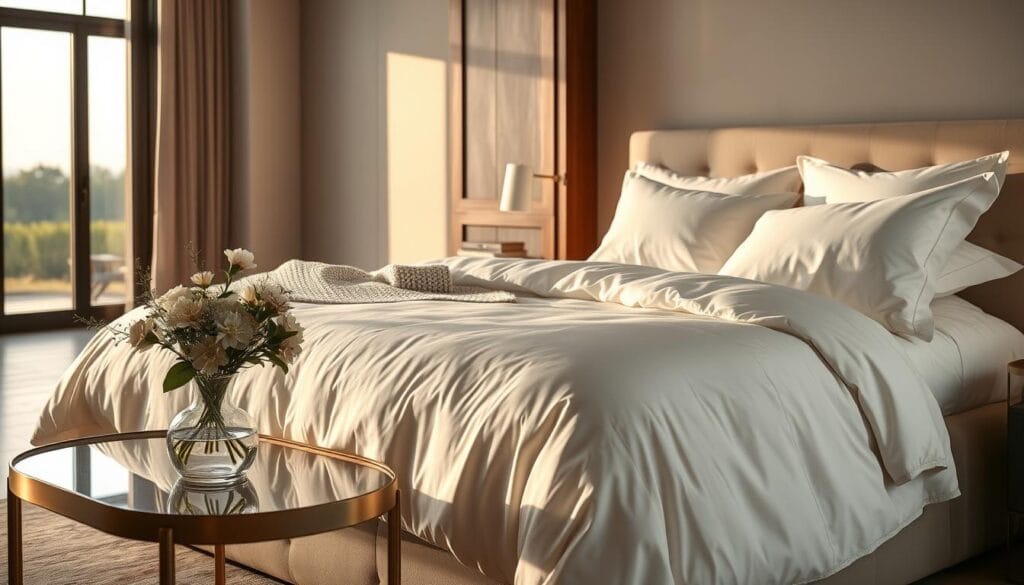 High-quality cotton furnishings with a refined, luxurious aesthetic. A plush, king-sized bed draped in soft, pristine white cotton linens, accented by a delicate, textured throw blanket. Tasteful, muted lighting illuminates the scene, casting a warm, inviting glow. In the foreground, an elegant side table displays a vase of fresh flowers, complementing the serene, minimalist design. In the background, a floor-to-ceiling window offers a glimpse of a serene outdoor landscape. The overall atmosphere exudes comfort, sophistication, and the hallmarks of top-tier craftsmanship from شركة توريد العالمية للصناعة.