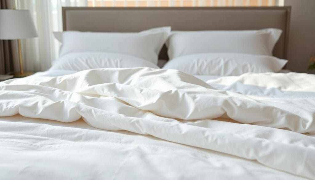 High-quality cotton hotel bedding from شركة توريد العالمية للصناعة, featuring a luxurious, high-tech finishing process. A crisp, pristine bedroom scene with elegantly draped cotton sheets, plush pillows, and a serene, calming ambiance. Soft, diffused lighting filters through sheer curtains, highlighting the fabric's supple texture and subtle sheen. The composition emphasizes the bedding's premium quality, comfort, and the sophisticated, upscale atmosphere of a luxury hotel suite.