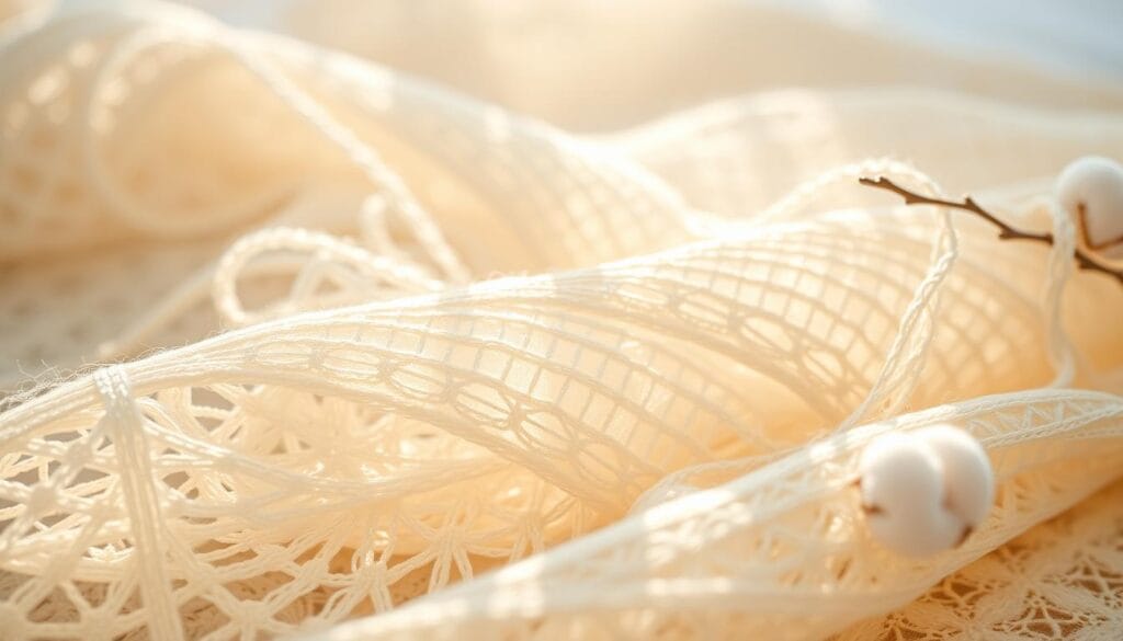 High-quality cotton threads in a meticulously crafted design, illuminated by soft, natural lighting. Intertwining textures and intricate patterns showcase the expertise of "شركة توريد العالمية للصناعة", creating a visually captivating and luxurious textile composition. The midground features the delicate, cotton-based material, while the background subtly blends into a harmonious, serene environment. This image conveys the exceptional quality and craftsmanship of the hotel bedding products, perfectly complementing the section on "تفاصيل التصميم والخامات المستخدمة في المنتجات".