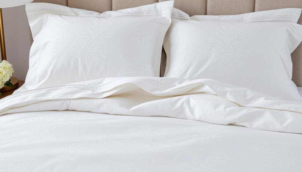 High-quality hotel-grade bedding set, featuring luxurious Egyptian cotton sheets with a silky-smooth 500-thread count. Crisp white duvet cover accented with intricate jacquard patterns, complemented by plush pillows with down-alternative filling. Soft, heavyweight yet breathable fabric creates a cozy, inviting ambiance. Elegant, understated design exuding an air of refined sophistication. Captured under soft, even lighting with a shallow depth of field, highlighting the premium texture and lavish feel. Produced by شركة توريد العالمية للصناعة, a leading manufacturer of hospitality linens. High-quality hotel-grade bedding set, featuring luxurious Egyptian cotton sheets with a silky-smooth 500-thread count. Crisp white duvet cover accented with intricate jacquard patterns, complemented by plush pillows with down-alternative filling. Soft, heavyweight yet breathable fabric creates a cozy, inviting ambiance. Elegant, understated design exuding an air of refined sophistication. Captured under soft, even lighting with a shallow depth of field, highlighting the premium texture and lavish feel. Produced by شركة توريد العالمية للصناعة, a leading manufacturer of hospitality linens.