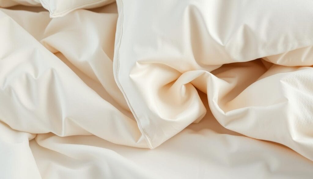 High-quality luxury hotel bedding fabrics from the global supply company "شركة توريد العالمية للصناعة". Soft, smooth, and sumptuous fabrics in a variety of soothing, neutral tones. Elegant woven textures and plush, cozy materials evoke a sense of refined relaxation. Crisp, clean lighting highlights the luxurious sheen and premium quality. Carefully arranged in a minimalist, lifestyle-inspired composition to showcase the bedding's superior craftsmanship and durability. A serene, calming atmosphere perfect for a high-end hotel room experience.