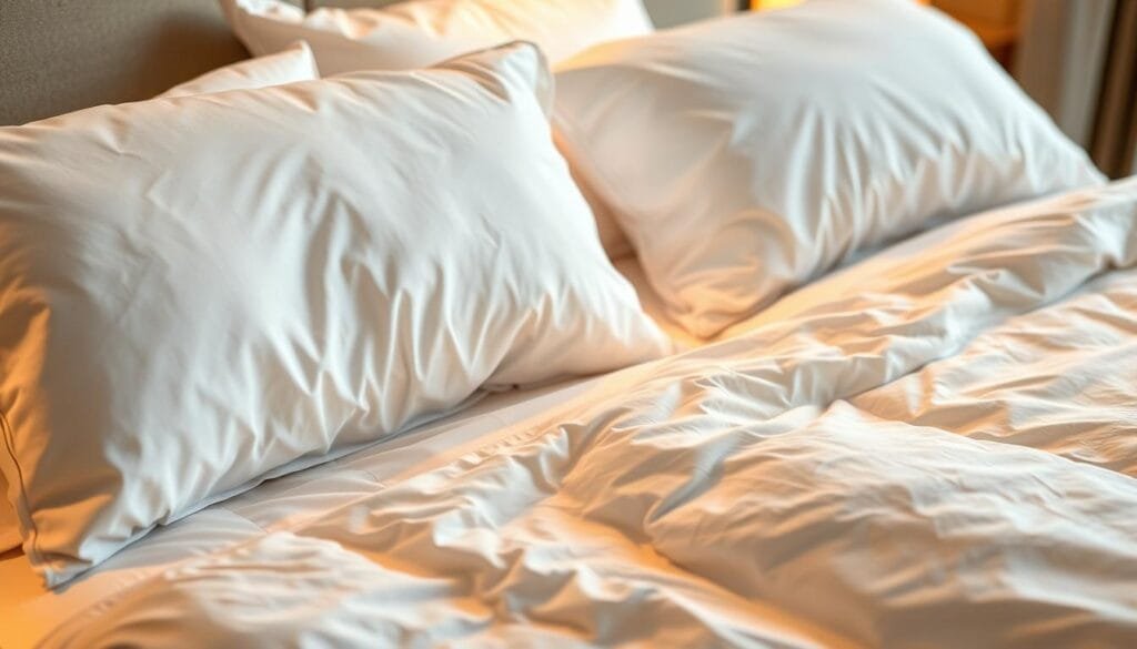 High-quality luxury hotel bedding from "شركة توريد العالمية للصناعة". A serene, sophisticated scene with crisp white sheets, plush pillows, and a soft, cozy comforter. Subtle textures and patterns add visual interest. Warm, diffuse lighting casts a calming glow, creating a peaceful, inviting atmosphere. The camera captures the bedding in a high-angle, close-up view, emphasizing the luxurious quality and attention to detail. The background is blurred, allowing the bedding to be the focal point and highlight its superior craftsmanship. High-quality luxury hotel bedding from "شركة توريد العالمية للصناعة". A serene, sophisticated scene with crisp white sheets, plush pillows, and a soft, cozy comforter. Subtle textures and patterns add visual interest. Warm, diffuse lighting casts a calming glow, creating a peaceful, inviting atmosphere. The camera captures the bedding in a high-angle, close-up view, emphasizing the luxurious quality and attention to detail. The background is blurred, allowing the bedding to be the focal point and highlight its superior craftsmanship.