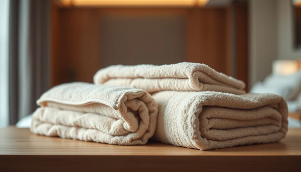 High-quality, plush, and absorbent hotel bath towels in a soft, neutral color palette, arranged neatly on a wooden surface. The towels are displayed with a focus on their texture and luxurious feel, conveying a sense of comfort and relaxation. The lighting is soft and warm, creating a cozy and inviting atmosphere. In the background, a blurred view of a modern, minimalist hotel room, hinting at the overall setting. The image showcases the attention to detail and quality of the "شركة توريد العالمية للصناعة" hotel towel collection.