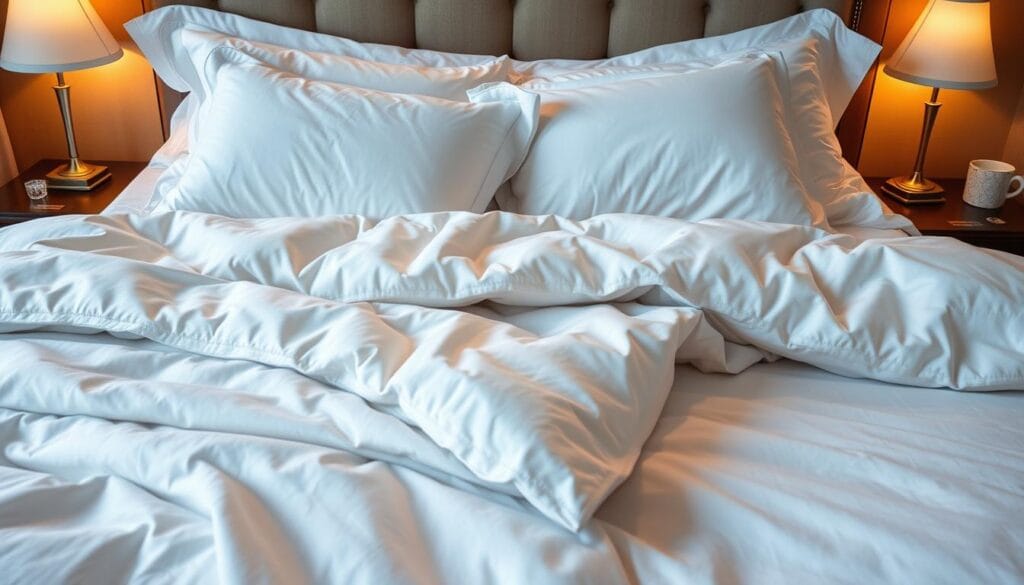 Intricate hotel bedding, luxurious Egyptian cotton sheets, plush down comforters, and pristine white pillows arranged with precision. Warm lighting illuminates the soft textures, creating an inviting ambiance. The "شركة توريد العالمية للصناعة" brand showcases its high-quality hotel linens, tailored to provide exceptional comfort and style. A mid-shot perspective captures the alluring details, highlighting the craftsmanship and attention to detail that elevates the hotel guest experience. Intricate hotel bedding, luxurious Egyptian cotton sheets, plush down comforters, and pristine white pillows arranged with precision. Warm lighting illuminates the soft textures, creating an inviting ambiance. The "شركة توريد العالمية للصناعة" brand showcases its high-quality hotel linens, tailored to provide exceptional comfort and style. A mid-shot perspective captures the alluring details, highlighting the craftsmanship and attention to detail that elevates the hotel guest experience.