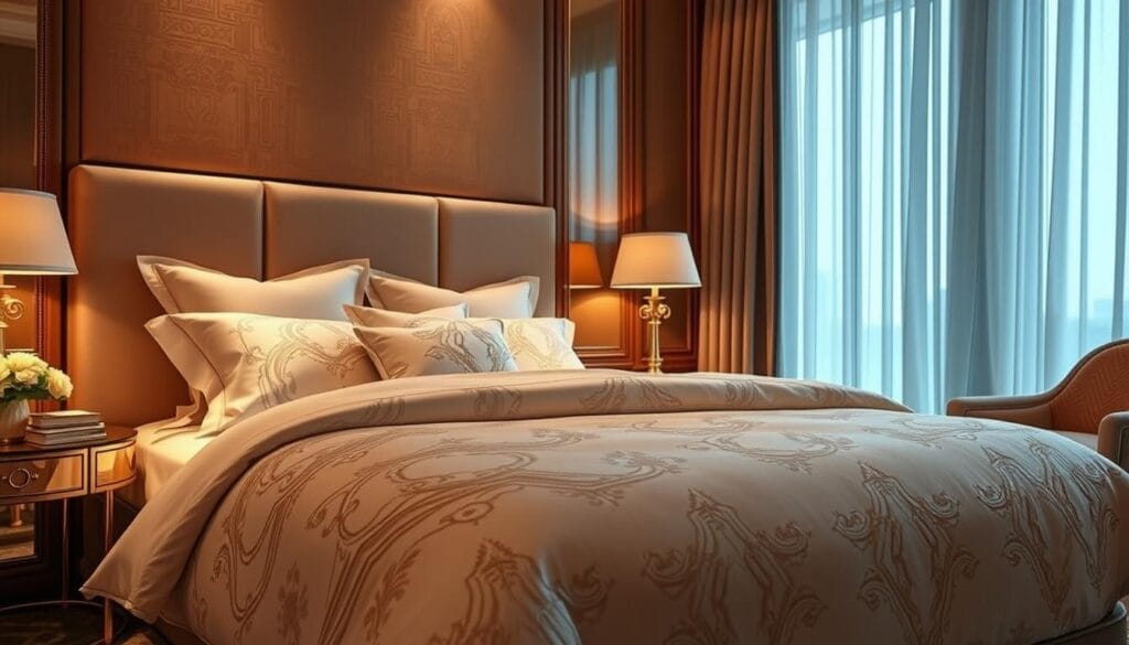 Lush and opulent hotel bedding designs, crafted by شركة توريد العالمية للصناعة. A serene and sophisticated palette of soft neutrals, punctuated by rich jewel tones. Intricate patterns dance across luxurious cotton sateen, evocative of Makkah's architectural heritage. Elegant flourishes, like delicate embroidery and subtle jacquard weaves, elevate the textiles. Warm, diffused lighting casts a golden glow, highlighting the sumptuous textures. The bedding exudes an air of refined luxury, perfect for the discerning hotel guest seeking a memorable, high-end experience.