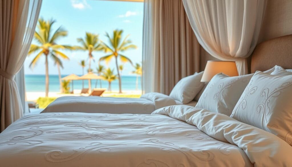 Lush, plush cotton linens in soothing hues adorn the beds of a luxurious Gulf resort. Intricate embroidered patterns and soft, supple textures create an inviting, cozy ambiance. Warm lighting casts a gentle glow, accentuating the natural fibers. Sheer curtains billow gracefully, framing the scene. In the background, a serene landscape of palm trees and azure skies completes the tranquil, resort-inspired setting. شركة توريد العالمية للصناعة has crafted these high-quality, comfortable cotton furnishings to elevate the guest experience. Lush, plush cotton linens in soothing hues adorn the beds of a luxurious Gulf resort. Intricate embroidered patterns and soft, supple textures create an inviting, cozy ambiance. Warm lighting casts a gentle glow, accentuating the natural fibers. Sheer curtains billow gracefully, framing the scene. In the background, a serene landscape of palm trees and azure skies completes the tranquil, resort-inspired setting. شركة توريد العالمية للصناعة has crafted these high-quality, comfortable cotton furnishings to elevate the guest experience.